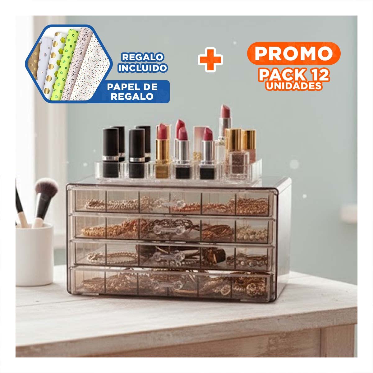 PACK12 ESTUCHE ORGANIZADOR DE MESA ACRILICO 3 NIVELES 72 DIV MARRON TRANSPARENTE Y+PAPEL REGALO - 1