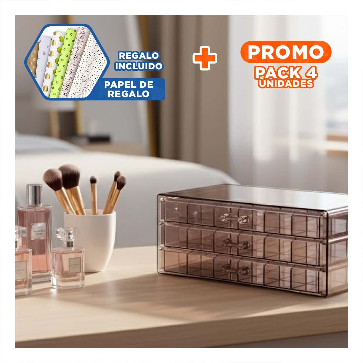 PACK4 CAJA ORGANIZADORA ACRILICA 3 NIVELES CON 72 DIV COLOR MARRON TRANSPARENTE Y+PAPEL REGALO - 1