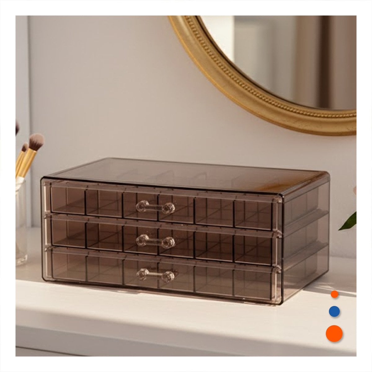 PACK4 CAJA ORGANIZADORA ACRILICA 3 NIVELES CON 72 DIV COLOR MARRON TRANSPARENTE Y+PAPEL REGALO - 5