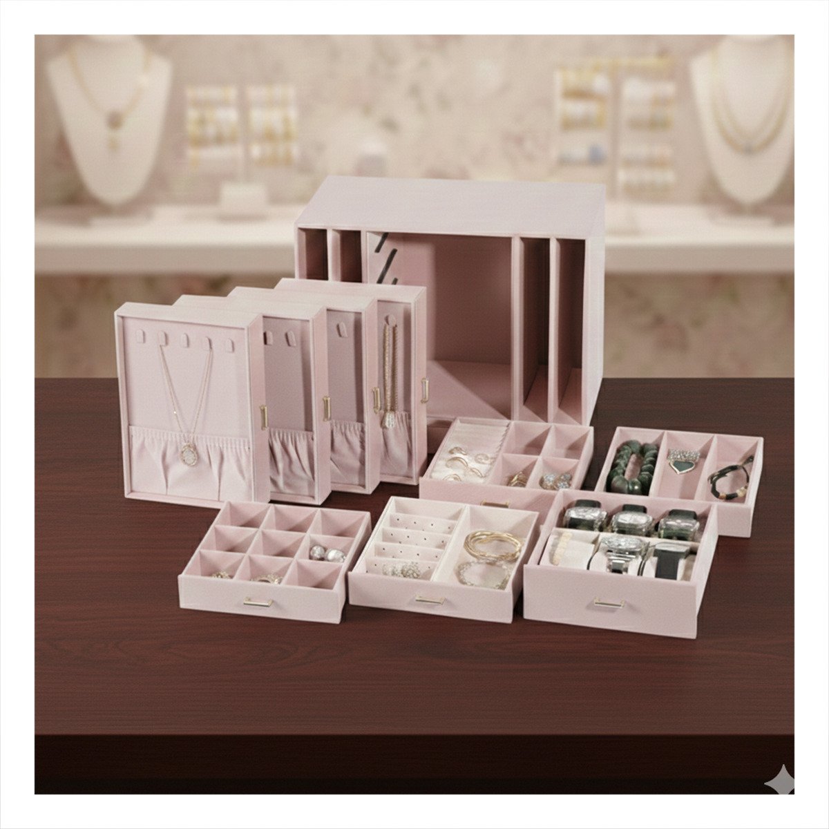 JOYERO ROSADO TIPO GABINETE CON MÚLTIPLES DIVISIONES PARA ACCESORIOS Y+PAPEL REGALO - 3