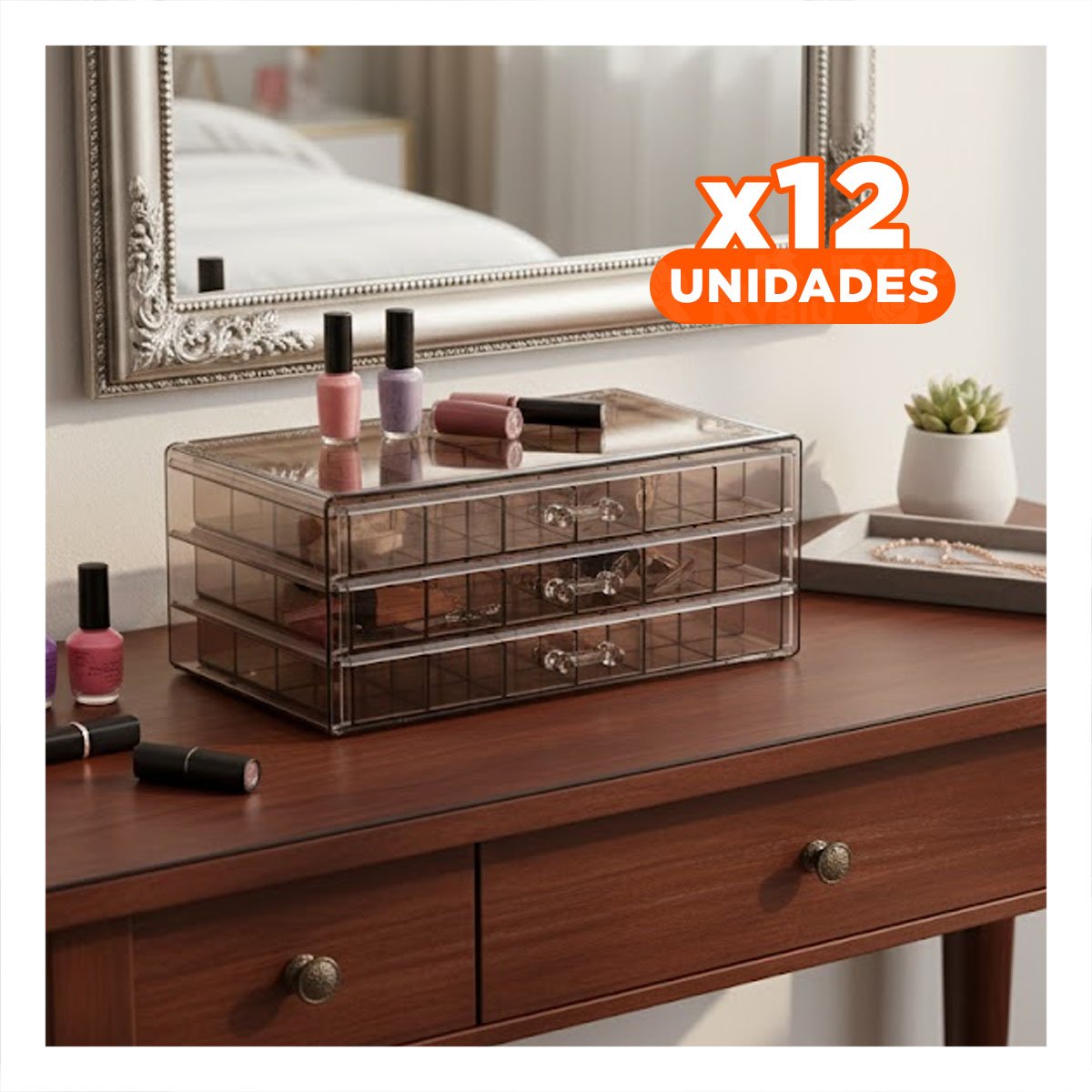 PACK12 CONTENEDOR ORGANIZADOR DE MESA ACRILICO 3 NIVELES 72 DIVISIONES MARRON TRANSPARENTE - 1