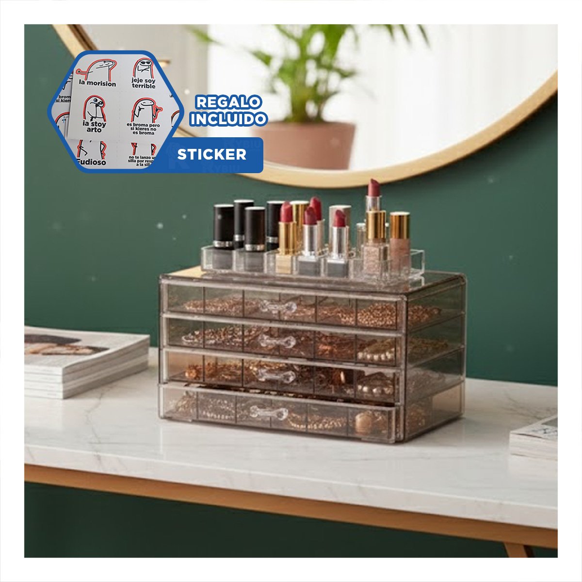 ESTUCHE ACRILICO 3 NIVELES 72 DIVISIONES MARRON TRANSPARENTE PARA TOCADOR Y+REGALO STICKER - 1