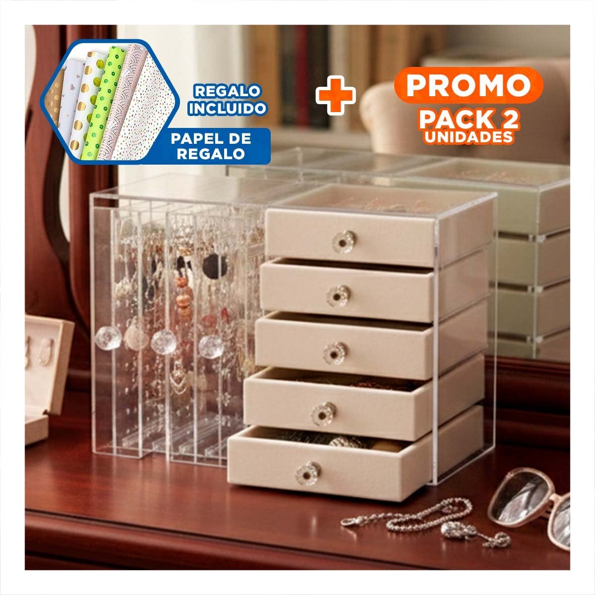 PACK2 ORGANIZADOR 5 CAJONES Y 3 PUERTAS EN TERCIOPELO BEIGE DISENO ELEGANTE Y+PAPEL REGALO - 1
