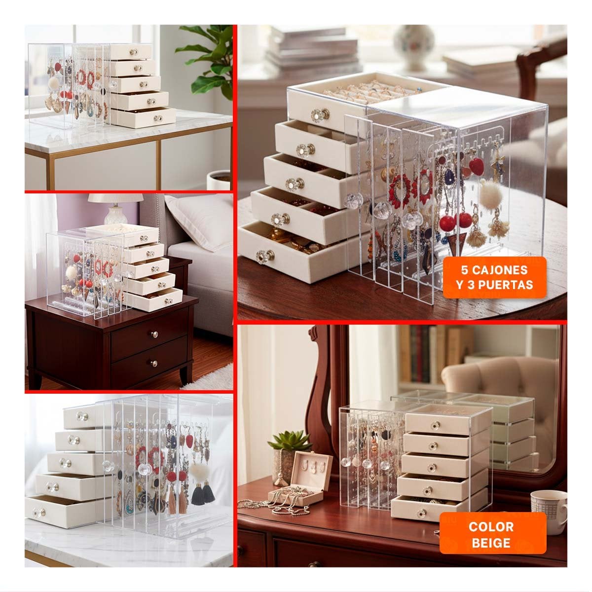 PACK2 ORGANIZADOR 5 CAJONES Y 3 PUERTAS EN TERCIOPELO BEIGE DISENO ELEGANTE Y+PAPEL REGALO - 3