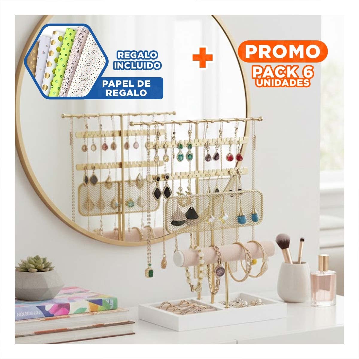 PACK6 MOSTRADOR MODERNO DE JOYAS 24,5X32X12CM DORADO PARA CASA Y+PAPEL REGALO - 1