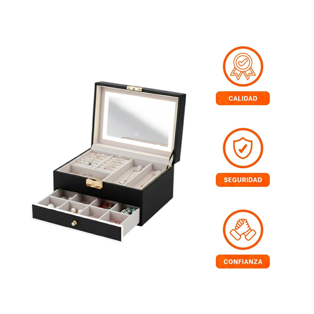 ESTUCHE DE ACCESORIOS 2 NIVELES CON ESPEJO LED NEGRO PARA ORGANIZACION Y+LIGAS REGALO - 3