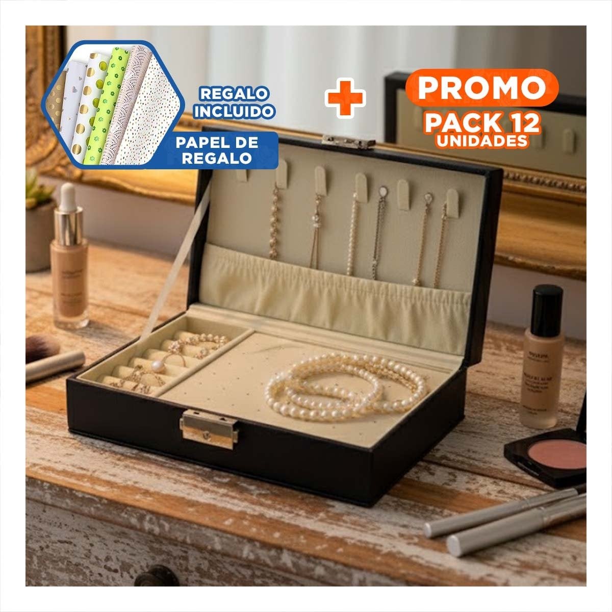 PACK12 CONTENEDOR PRACTICO RECTANGULAR NEGRO 20,5X12,5X5,5CM PARA ACCESORIOS Y+PAPEL REGALO - 1