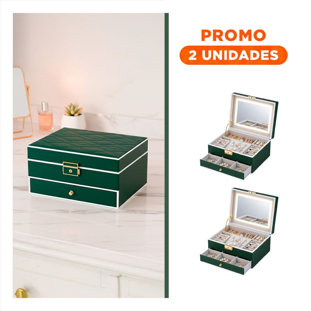 PACK2 JOYERO 2 NIVELES CON ESPEJO LED VERDE PARA ACCESORIOS PERSONALES - 1