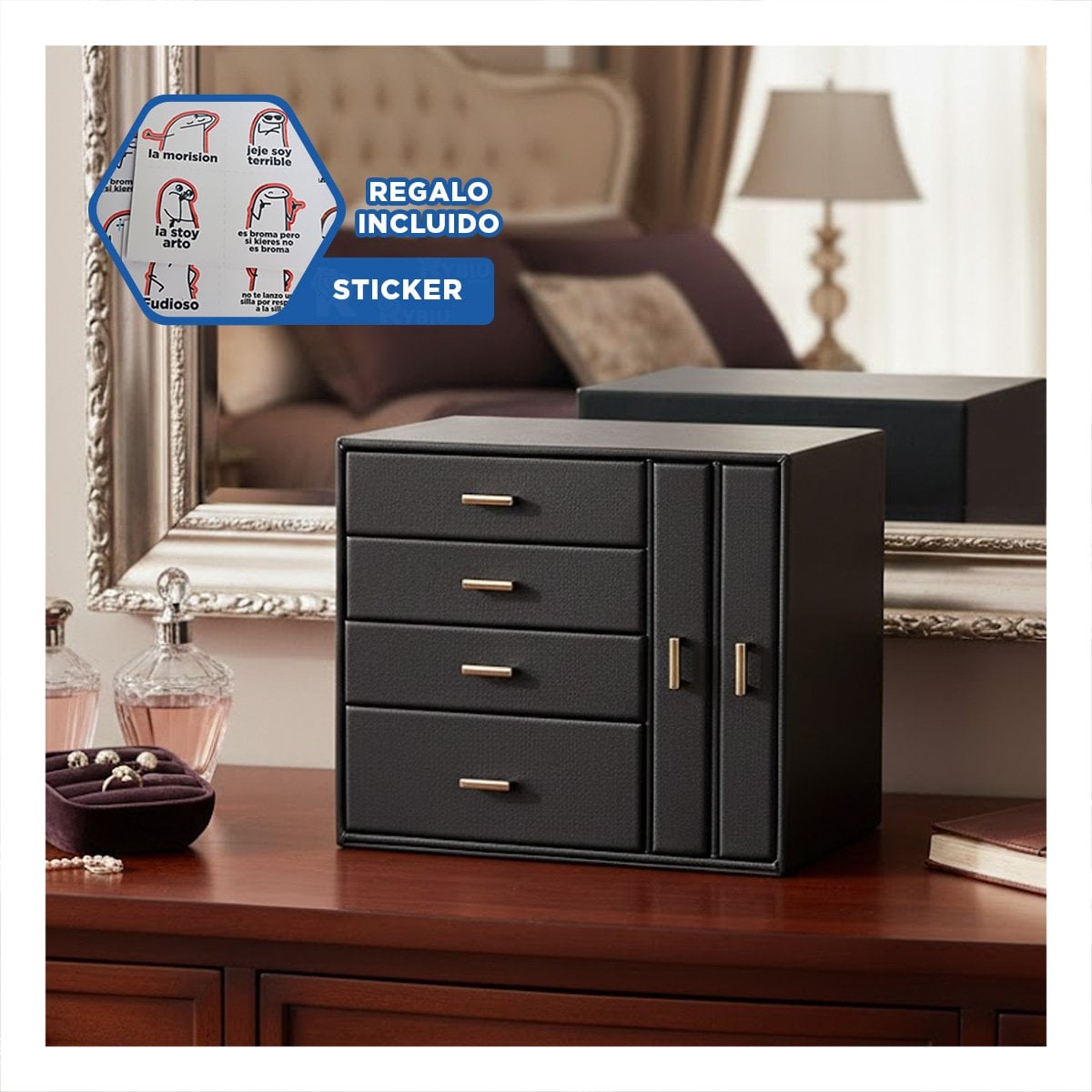 JOYERO ESPACIOSO 4 NIVELES HORIZ Y 2 VERT NEGRO PARA GUARDAR JOYAS Y+REGALO STICKER - 1