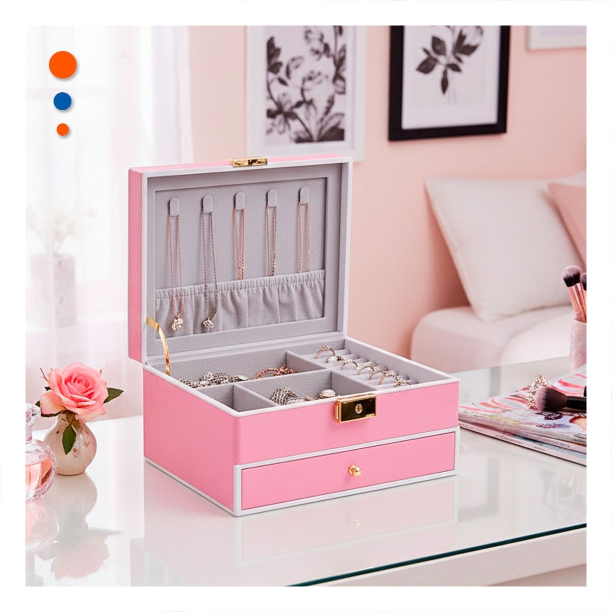 COFRE DE JOYAS 2 NIVELES CON ESPEJO LED ROSADO PARA GUARDAR JOYERIA - 1