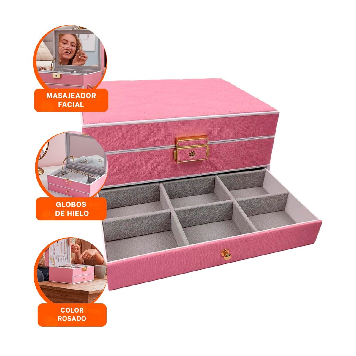COFRE DE JOYAS 2 NIVELES CON ESPEJO LED ROSADO PARA GUARDAR JOYERIA - 3