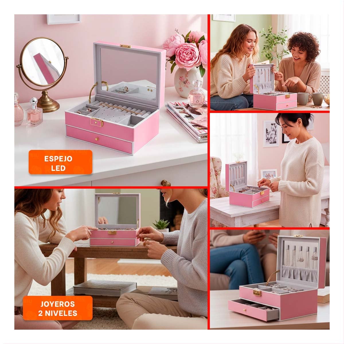 COFRE DE JOYAS 2 NIVELES CON ESPEJO LED ROSADO PARA GUARDAR JOYERIA - 5