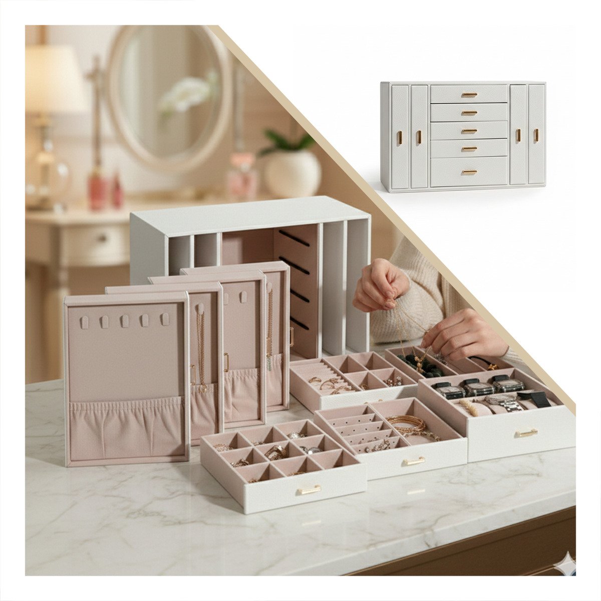 CAJA ORGANIZADORA DE JOYAS BLANCA CON DIVISIONES INTERNAS PRACTICAS Y+PAPEL REGALO - 3