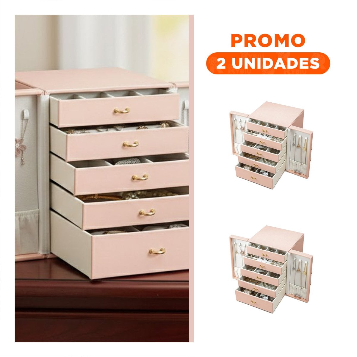 PACK2 CAJA JOYERO ROSADA CON DISEÑO FEMENINO Y ALMACENAMIENTO POR NIVELES - 1