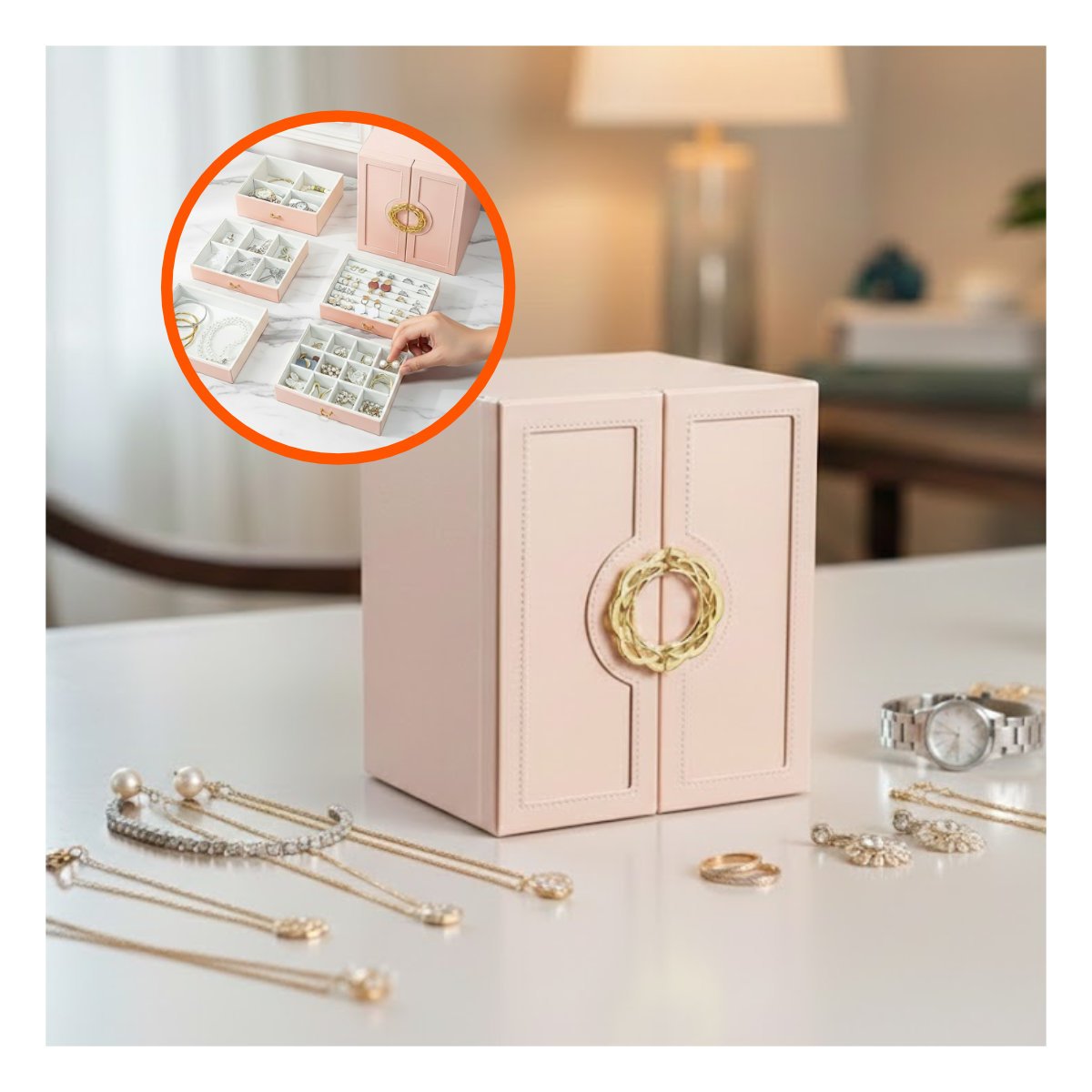 PACK2 CAJA JOYERO ROSADA CON DISEÑO FEMENINO Y ALMACENAMIENTO POR NIVELES - 5