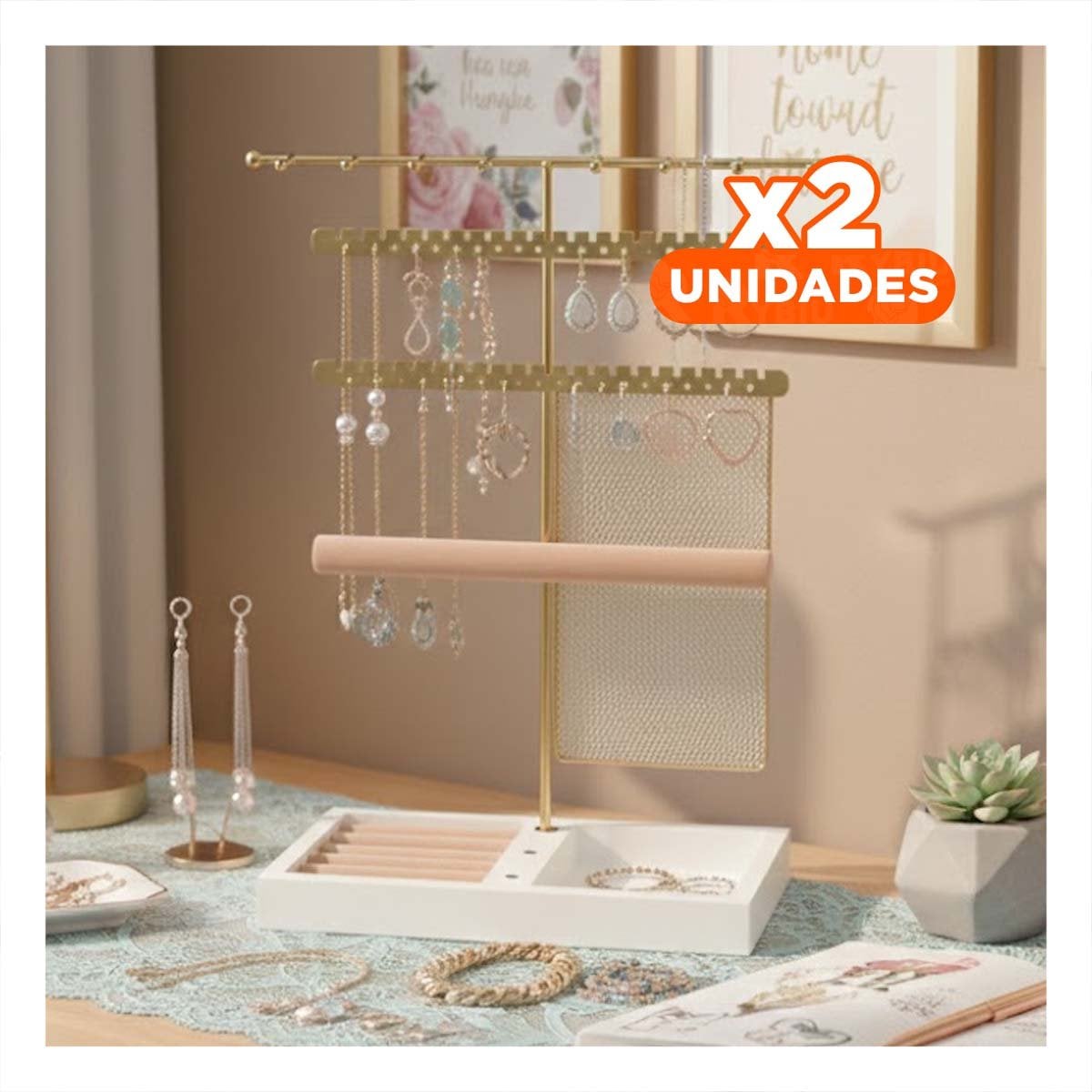 PACK2 MOSTRADOR METALICO DE JOYAS 24,5X32X12CM DORADO PARA COLLARES Y+REGALO STICKER - 1