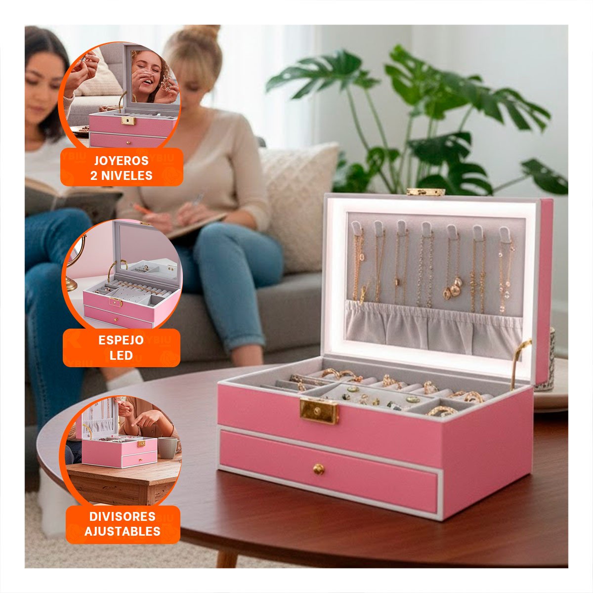 JOYERO 2 NIVELES CON ESPEJO LED ROSADO PARA ACCESORIOS DE MUJER Y+PAPEL REGALO - 5
