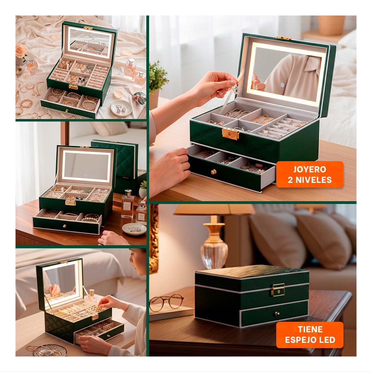 COFRE DE ACCESORIOS 2 NIVELES CON ESPEJO LED VERDE PARA TOCADOR Y+POST IT - 1