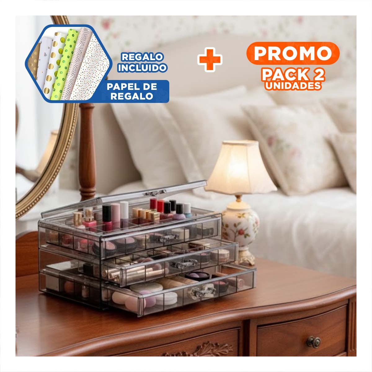 PACK2 CONTENEDOR MULTIUSO DE ACRILICO 3 NIVELES 72 DIVISIONES NEGRO TRANSPARENTE Y+PAPEL REGALO - 1