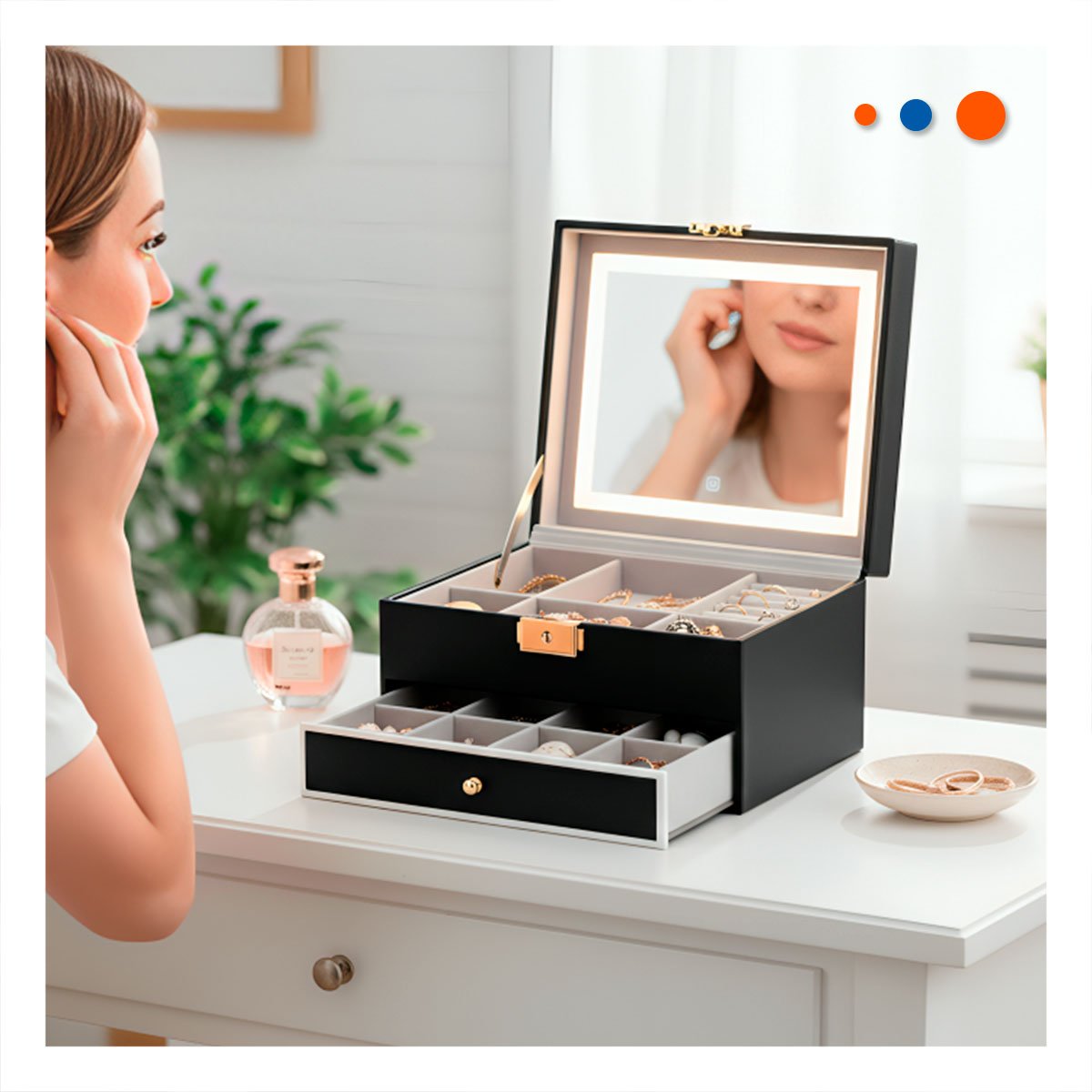 ESTUCHE ORGANIZADOR 2 NIVELES CON ESPEJO LED NEGRO PARA ACCESORIOS - 2