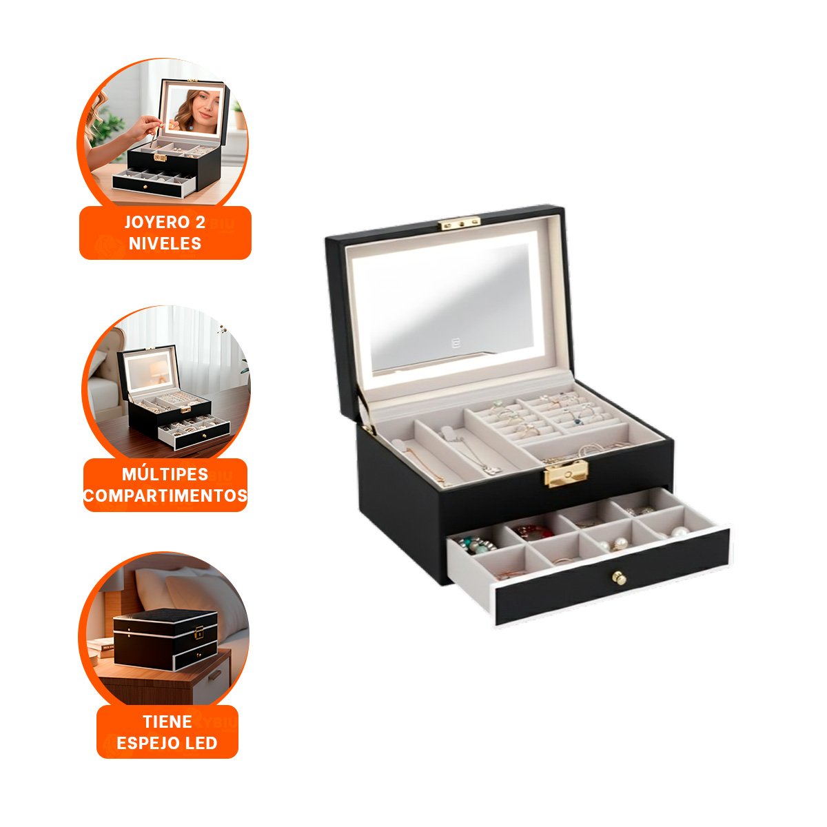 ESTUCHE ORGANIZADOR 2 NIVELES CON ESPEJO LED NEGRO PARA ACCESORIOS - 3