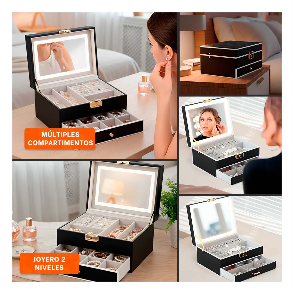 ESTUCHE ORGANIZADOR 2 NIVELES CON ESPEJO LED NEGRO PARA ACCESORIOS - 5