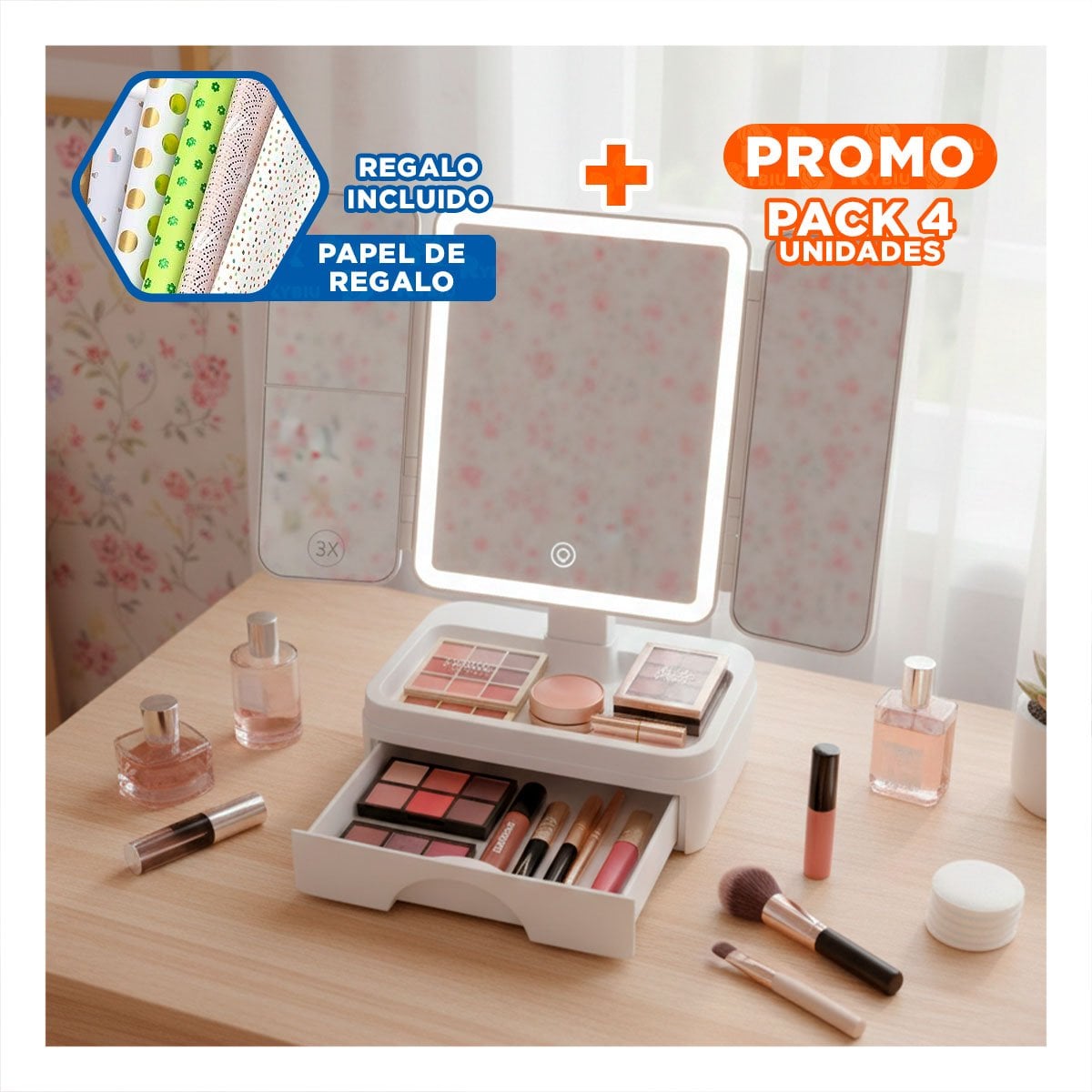 PACK4 SISTEMA DE BELLEZA CON ESPEJO LED TRIPLE BLANCO Y CAJON DESLIZANTE Y+PAPEL REGALO - 1