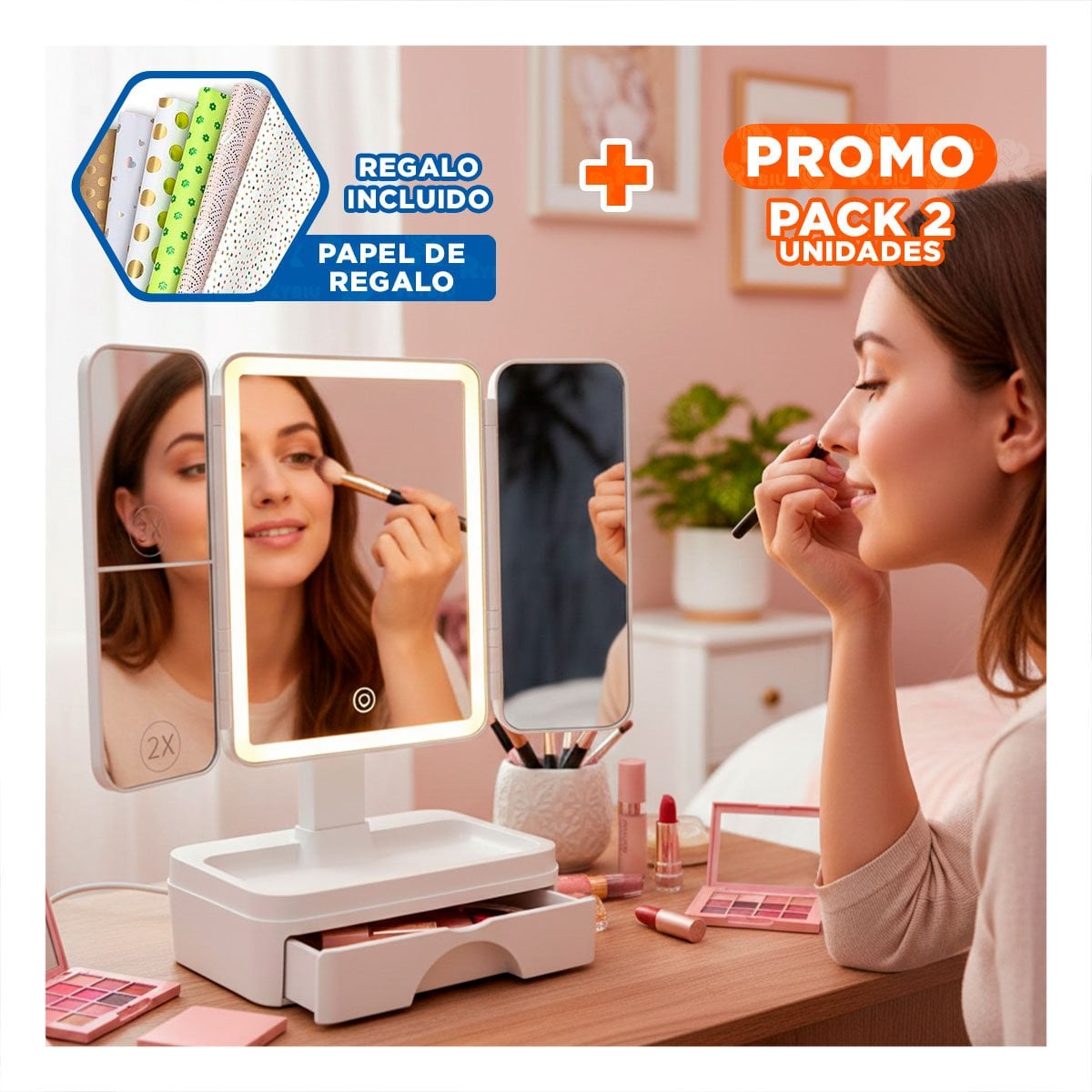 PACK2 CENTRO DE BELLEZA LED TRIPLE BLANCO CON CAJON Y PANELES PLEGABLES Y+PAPEL REGALO - 1
