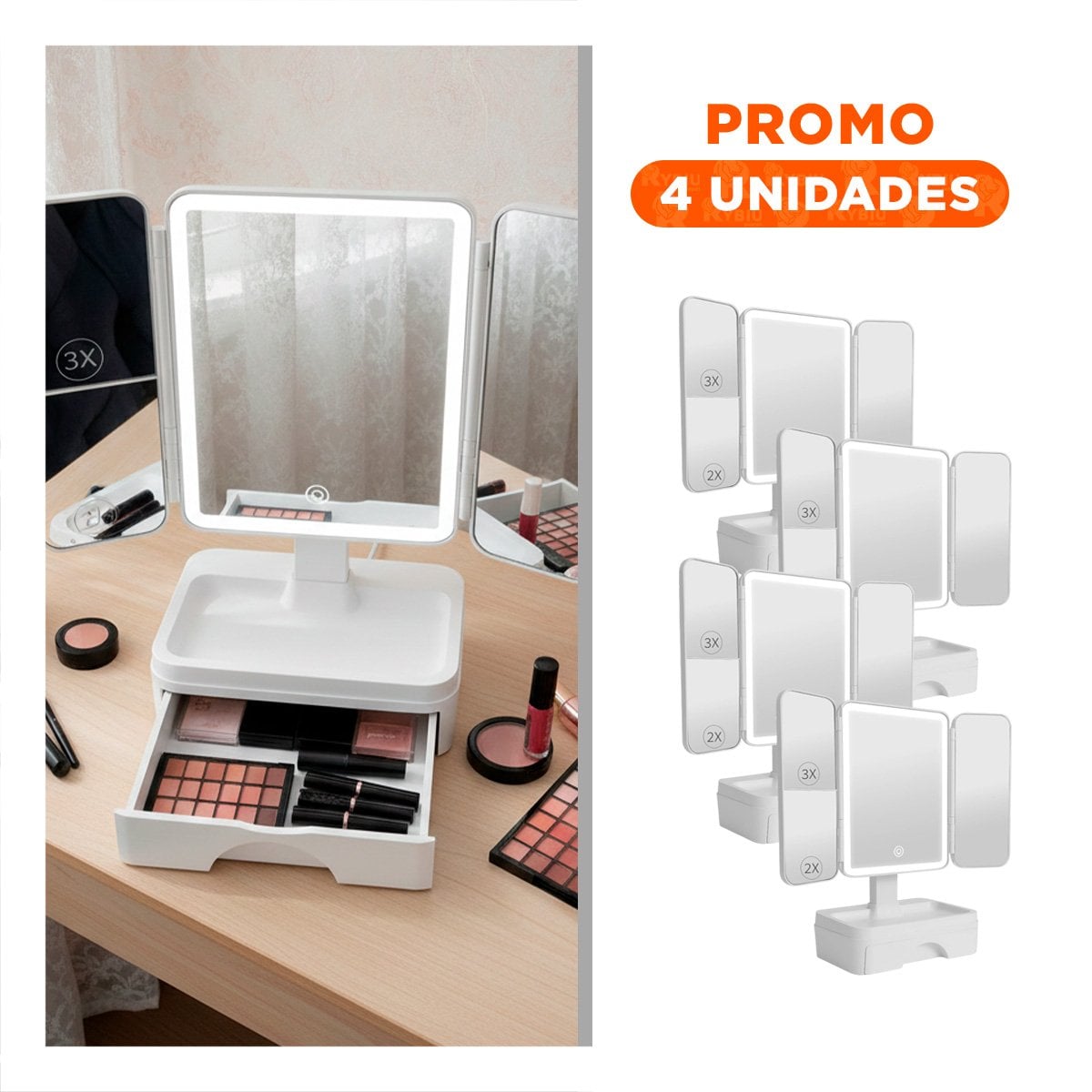 PACK4 MODULO TOCADOR LED TRIPLE BLANCO CON CAJON Y AUMENTO INTEGRADO Y+REGALO STICKER - 1