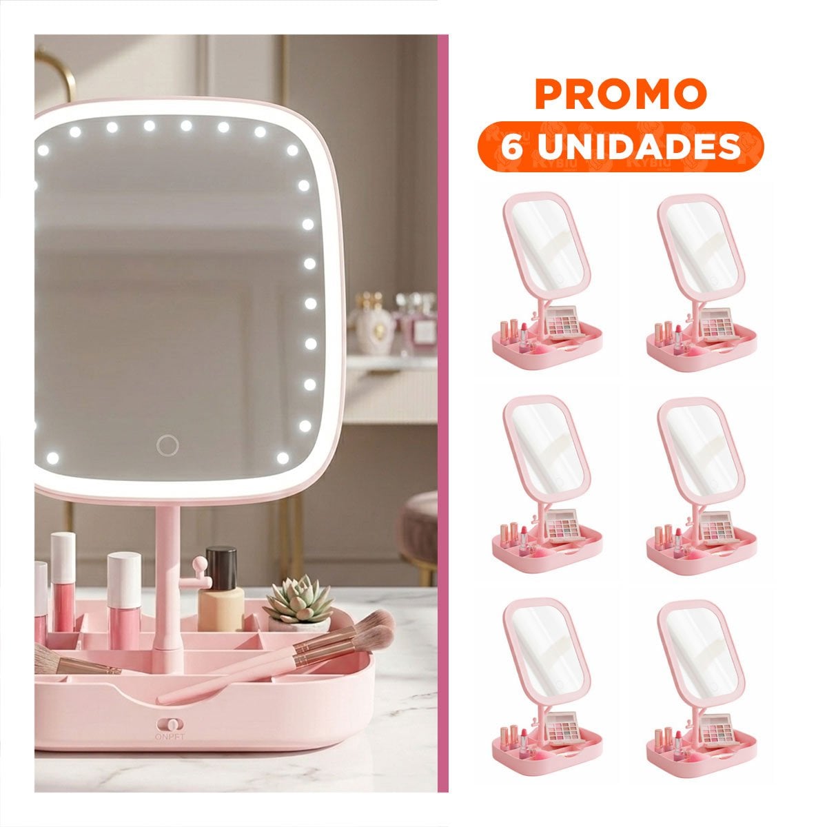 PACK6 ORGANIZADOR DE BELLEZA LED CUADRADO ROSADO CON COMPARTIMENTOS - 1