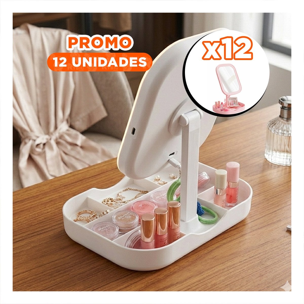 PACK12 PANEL DE MAQUILLAJE LED CUADRADO BLANCO CON BANDEJA DIVIDIDA - 1