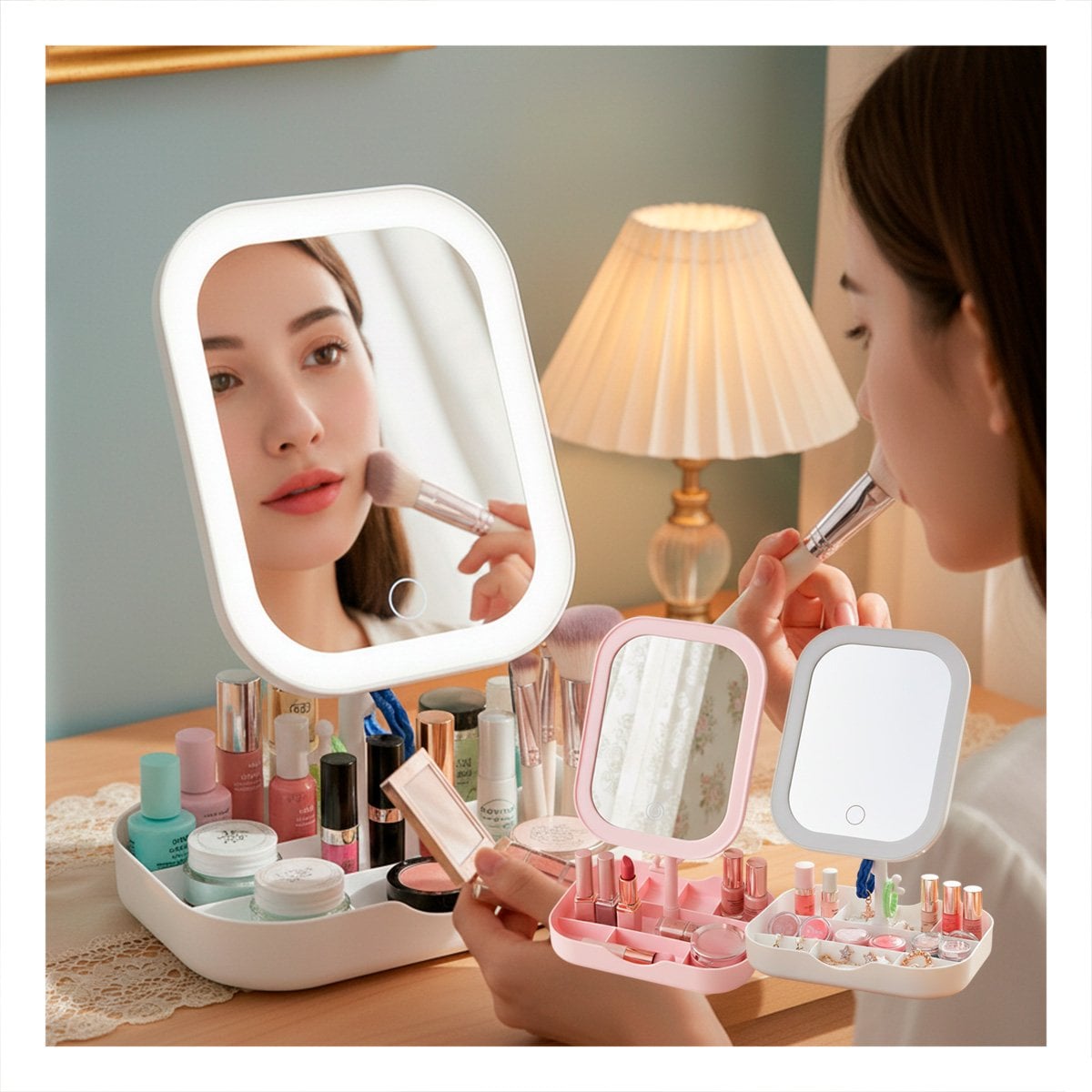 PACK12 PANEL DE MAQUILLAJE LED CUADRADO BLANCO CON BANDEJA DIVIDIDA - 3