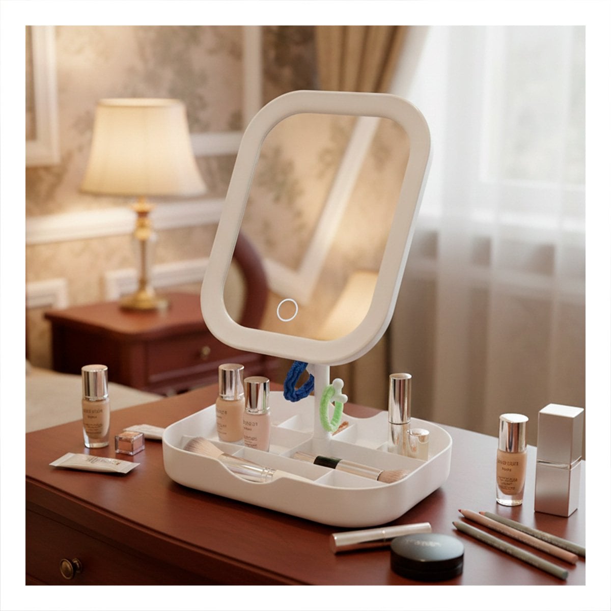 ORGANIZADOR CON LUZ LED CUADRADO BLANCO Y ESPACIOS PARA COSMETICOS Y+LIGAS REGALO - 1