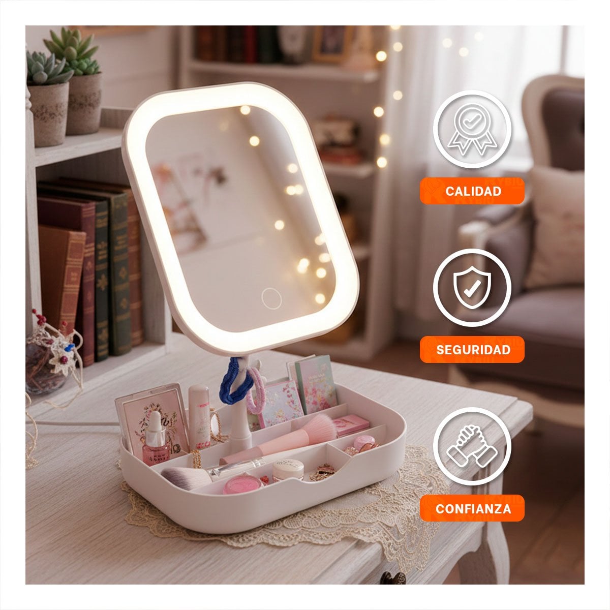 ORGANIZADOR CON LUZ LED CUADRADO BLANCO Y ESPACIOS PARA COSMETICOS Y+LIGAS REGALO - 3