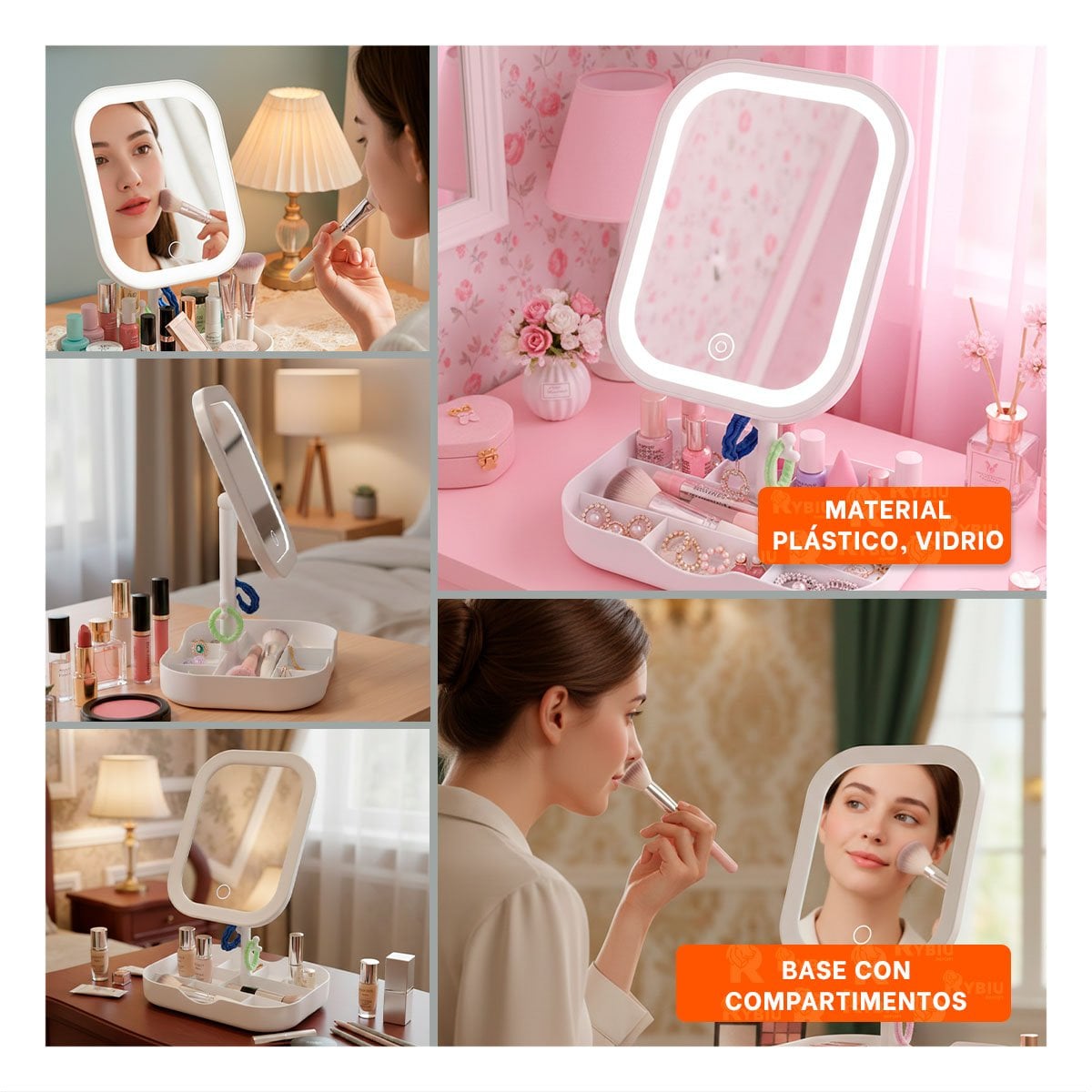 ORGANIZADOR CON LUZ LED CUADRADO BLANCO Y ESPACIOS PARA COSMETICOS Y+LIGAS REGALO - 5