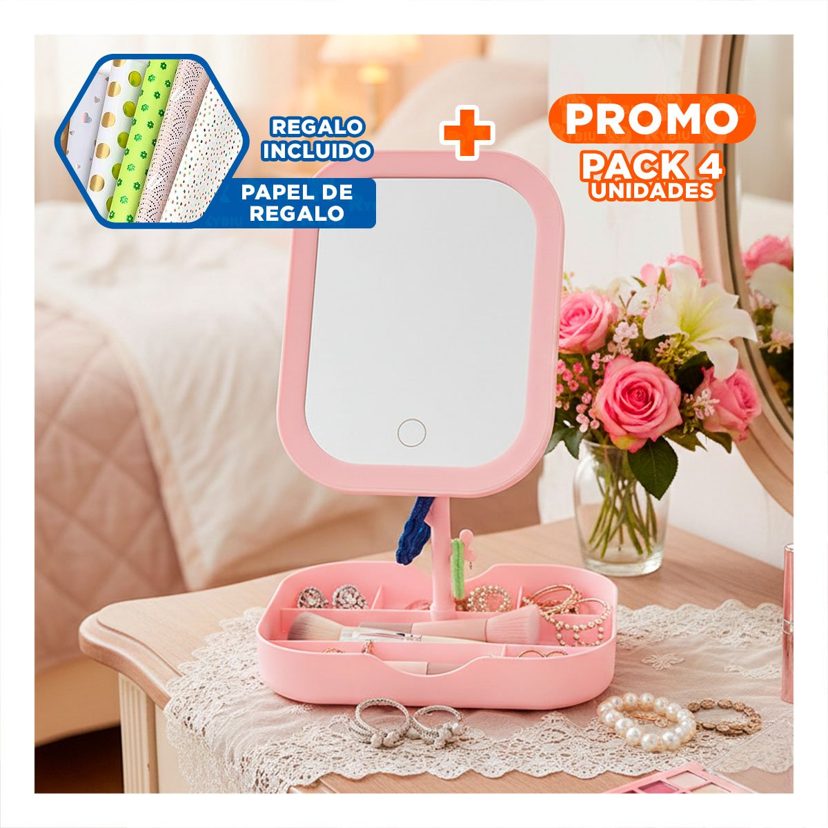 PACK4 ESTACION DE BELLEZA CON ESPEJO LED CUADRADO ROSADO Y ORGANIZADOR Y+PAPEL REGALO - 1