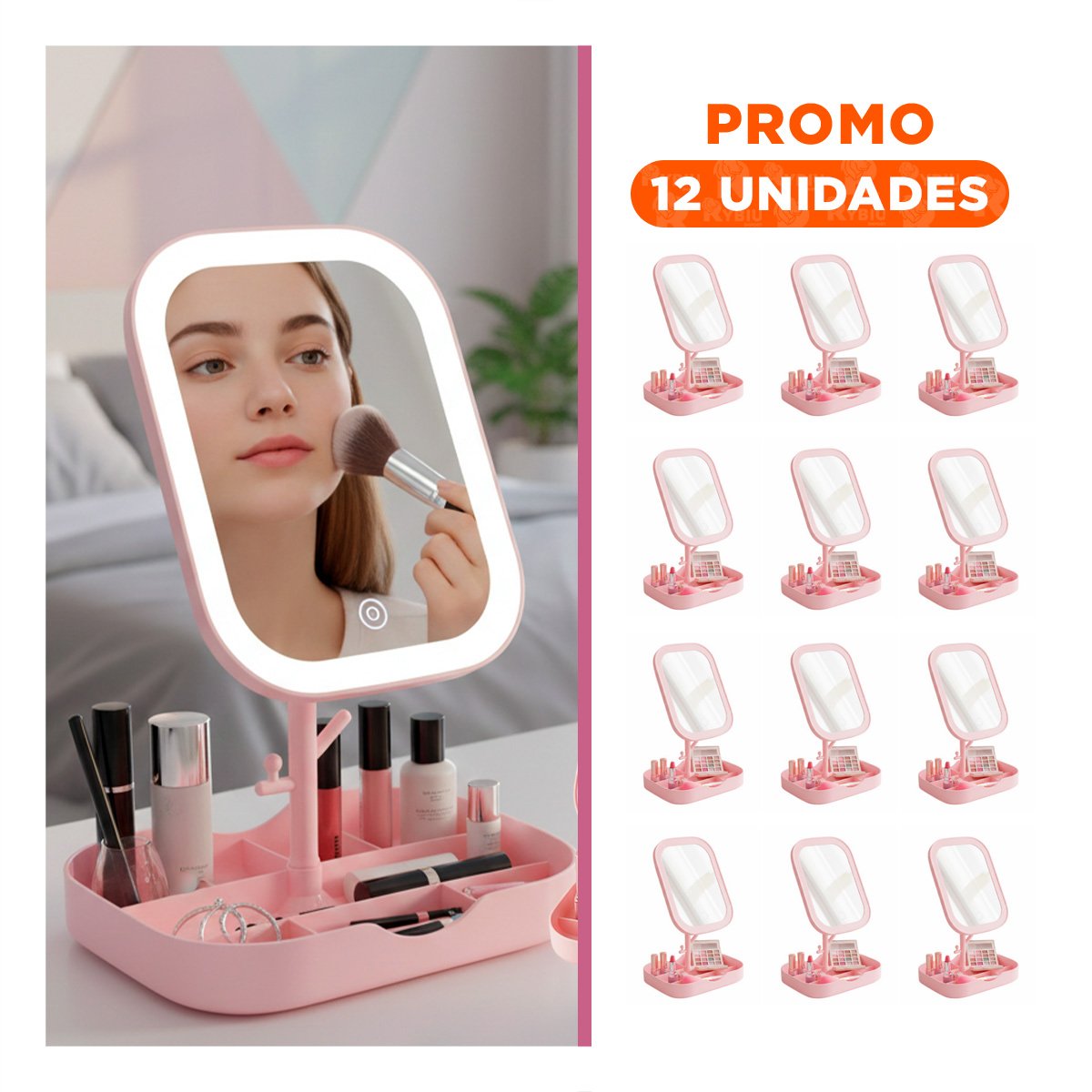 PACK12 UNIDAD TOCADOR LED CUADRADO ROSADO CON ORGANIZADOR INFERIOR Y+REGALO STICKER - 1