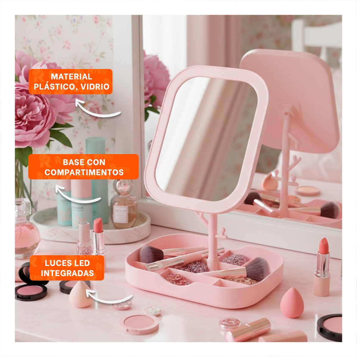 SISTEMA DE MAQUILLAJE LED CUADRADO ROSADO CON BASE ORGANIZADORA - 3