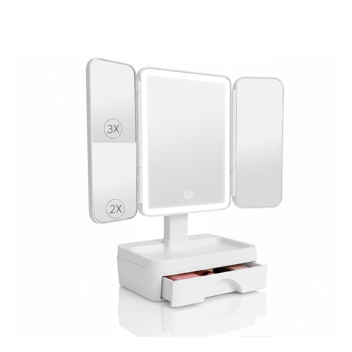 UNIDAD DE MAQUILLAJE LED TRIPLE BLANCO CON CAJON PARA COSMETICOS Y+LIGAS REGALO - 3