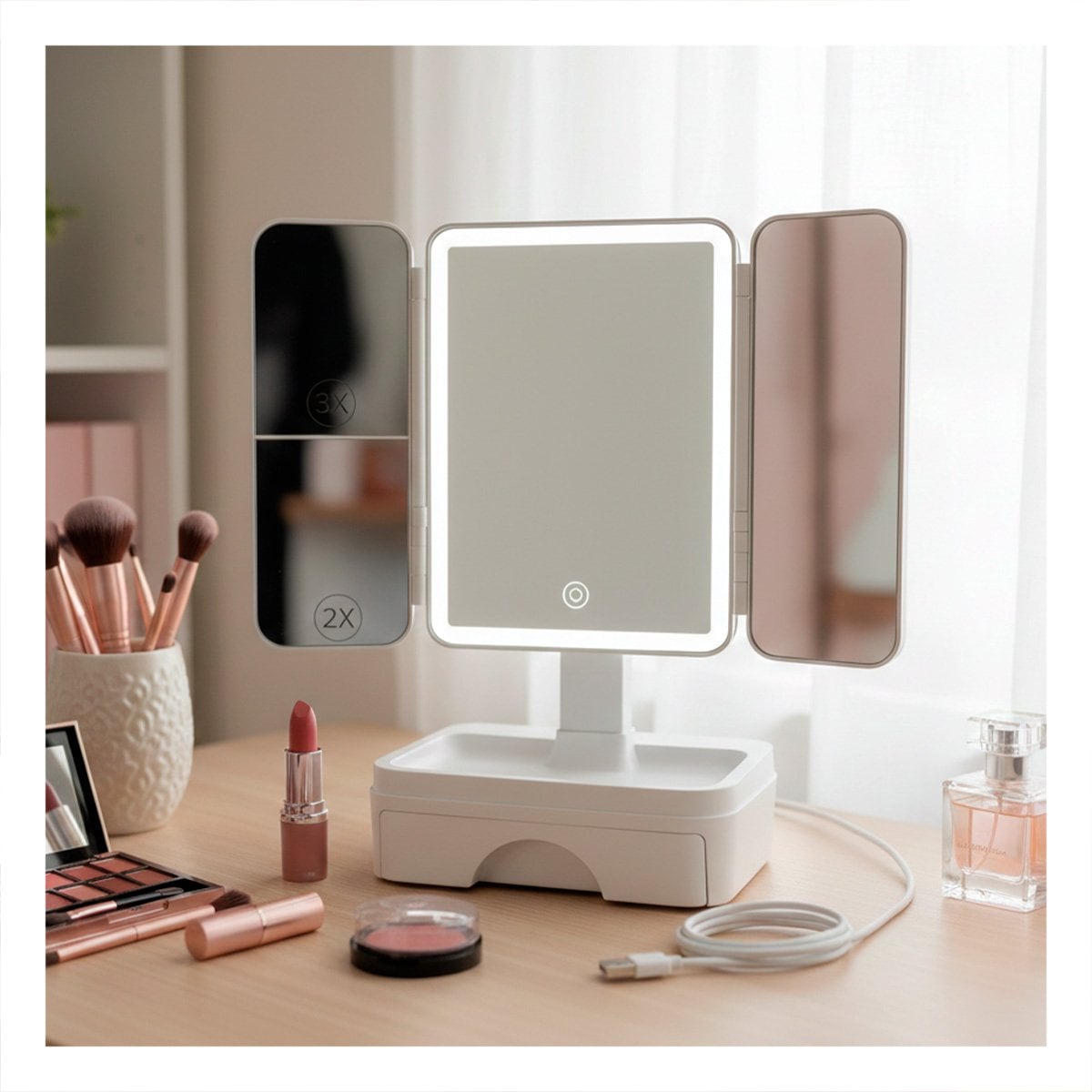 SISTEMA DE MAQUILLAJE LED TRIPLE CON CAJON BLANCO Y LUZ FRONTAL CLARA - 1