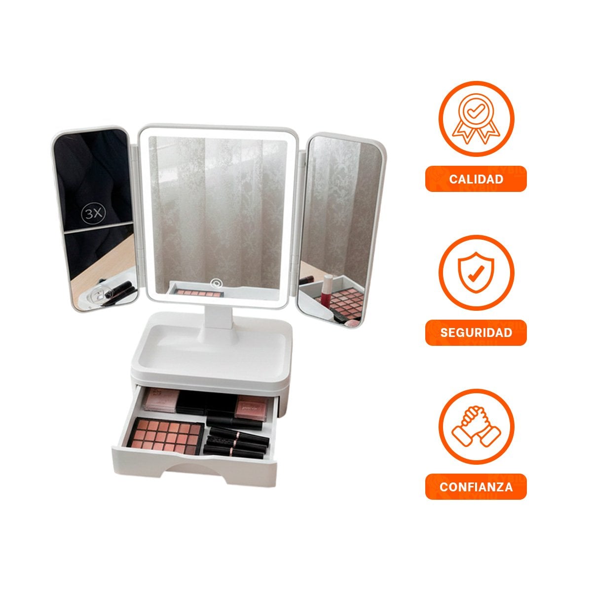 SISTEMA DE MAQUILLAJE LED TRIPLE CON CAJON BLANCO Y LUZ FRONTAL CLARA - 3
