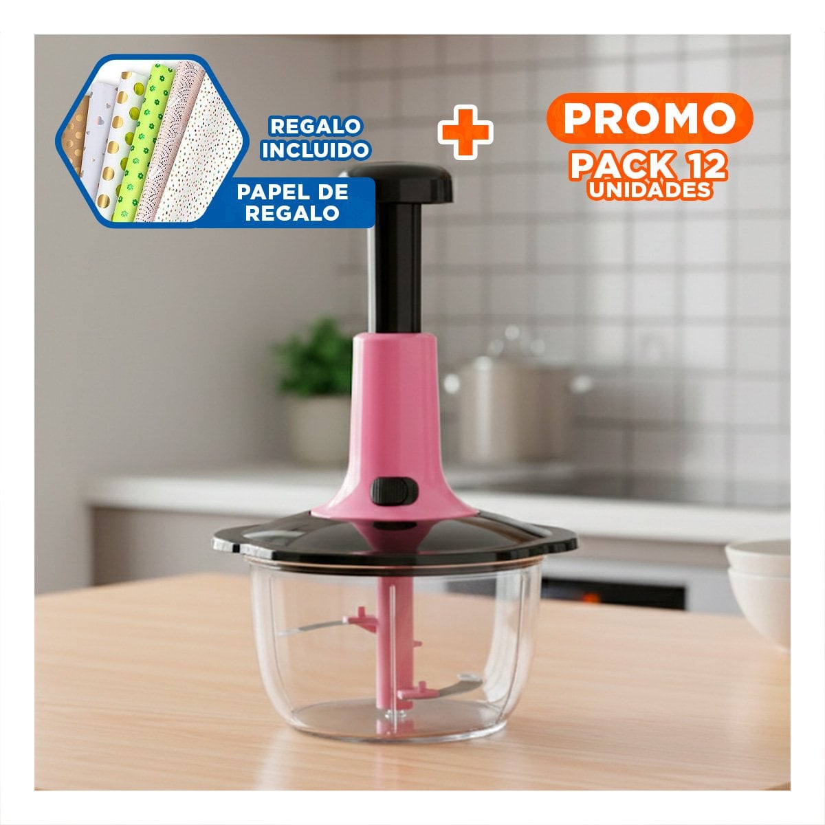 PACK12 PROCESADOR RAPIDO MULTIFUNCIONAL 1 5L BLANCO Y PLOMO PARA CORTAR VERDURAS Y+PAPEL REGALO - 1