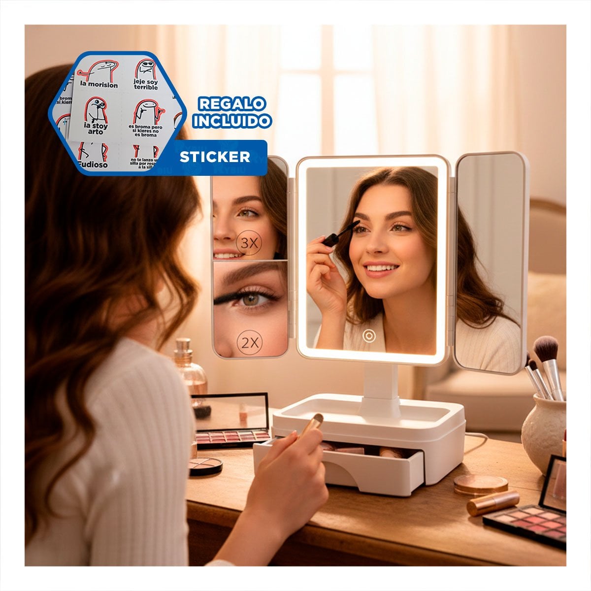 BASE DE BELLEZA CON ESPEJO LED TRIPLE BLANCO Y CAJON DESLIZANTE Y+REGALO STICKER - 1