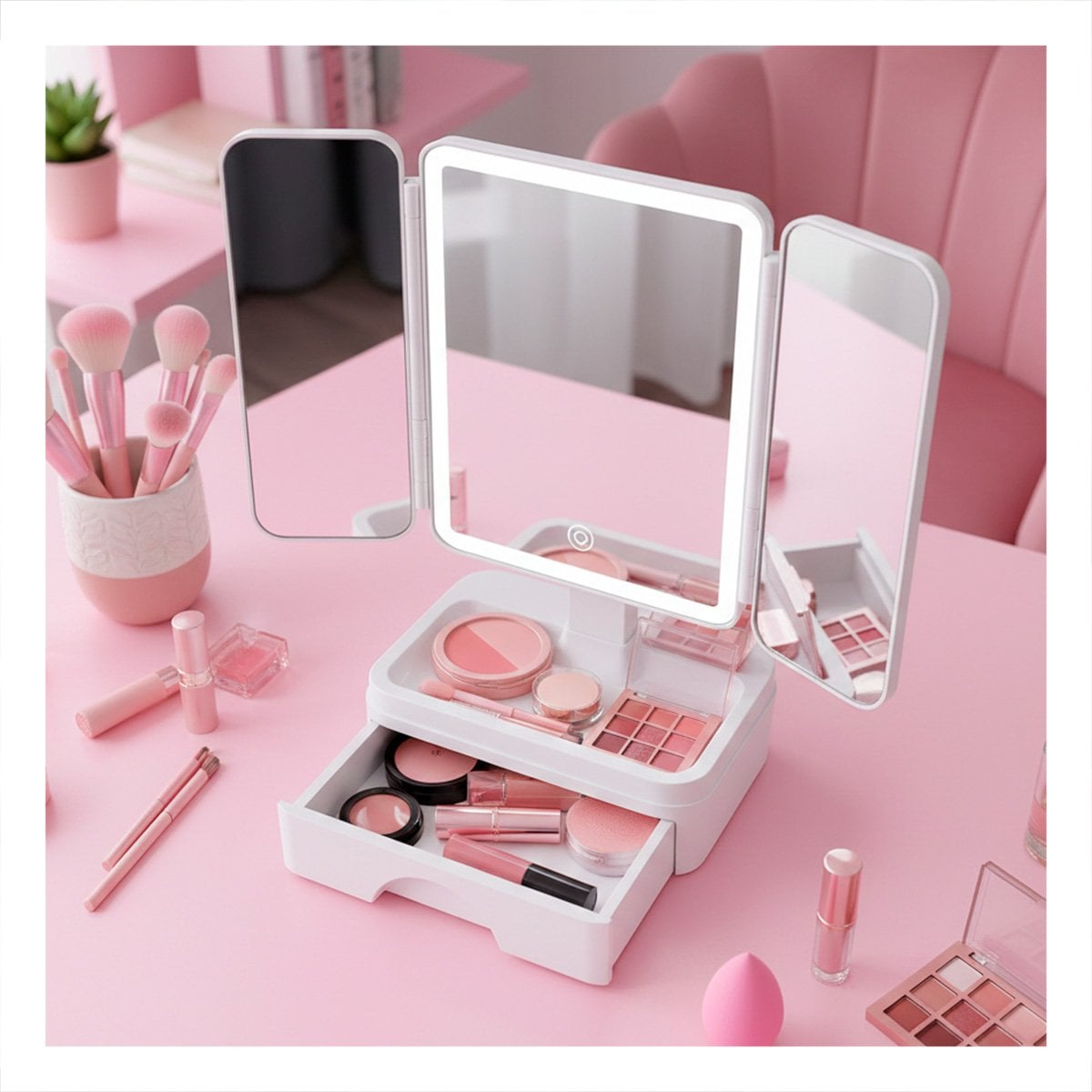 BASE DE BELLEZA CON ESPEJO LED TRIPLE BLANCO Y CAJON DESLIZANTE Y+REGALO STICKER - 2