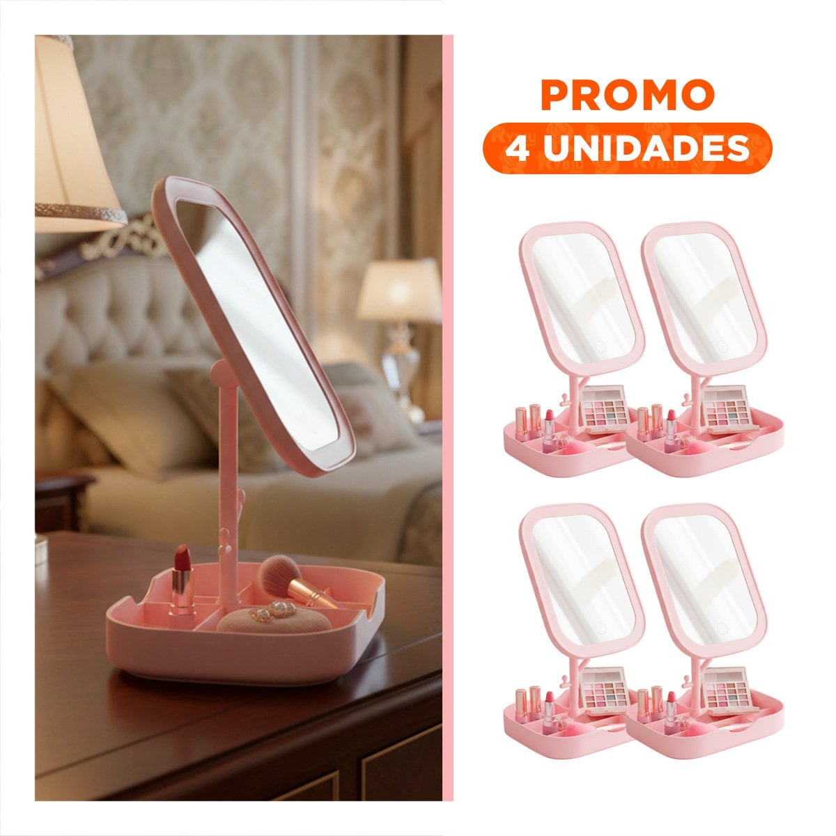 PACK4 CENTRO TOCADOR LED CUADRADO ROSADO CON BASE MULTIFUNCIONAL Y+REGALO STICKER - 1