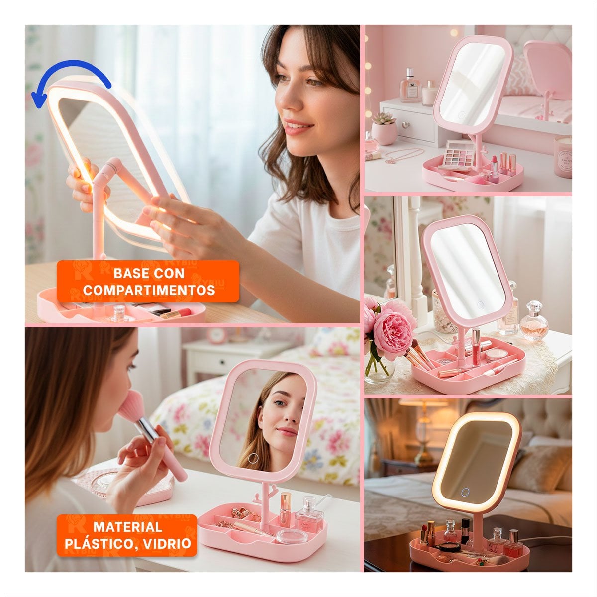 PACK4 CENTRO TOCADOR LED CUADRADO ROSADO CON BASE MULTIFUNCIONAL Y+REGALO STICKER - 2
