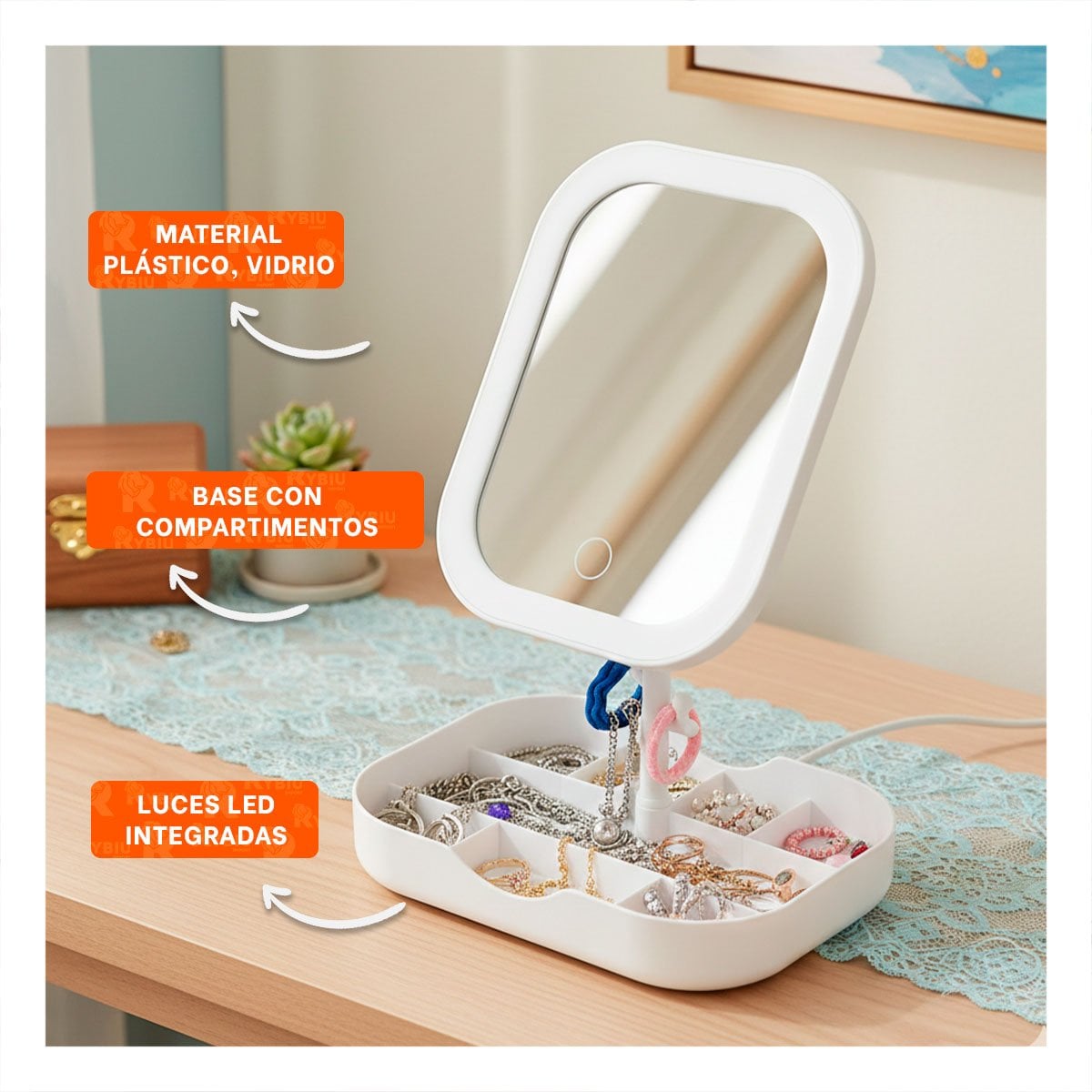 TOCADOR LED TACTIL CUADRADO BLANCO CON DIVISIONES PARA MAQUILLAJE DIARIO - 3