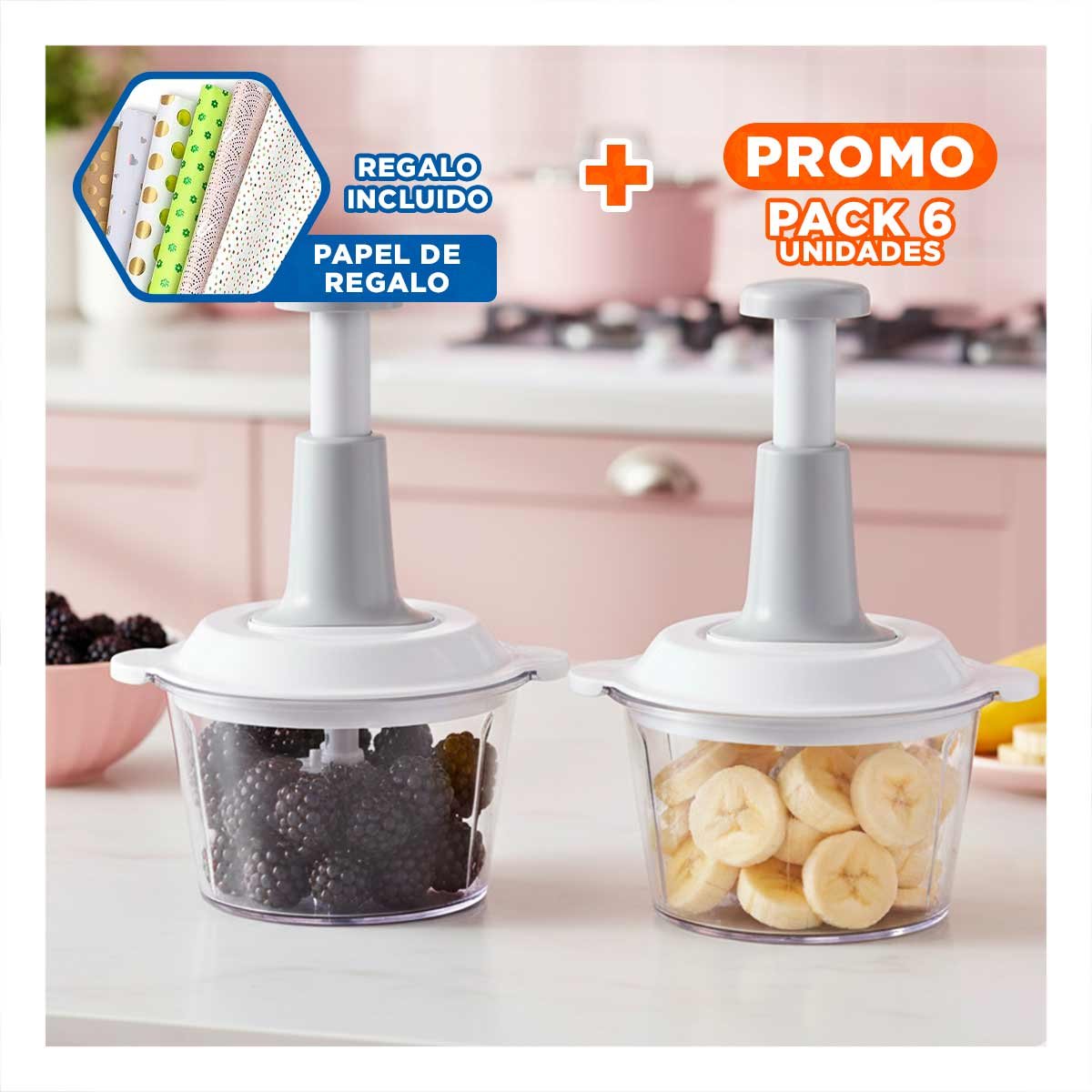 PACK6 PICADORA PARA COCINA MULTIFUNCIONAL 1 5L BLANCO Y PLOMO PARA ALIMENTOS Y+PAPEL REGALO - 1