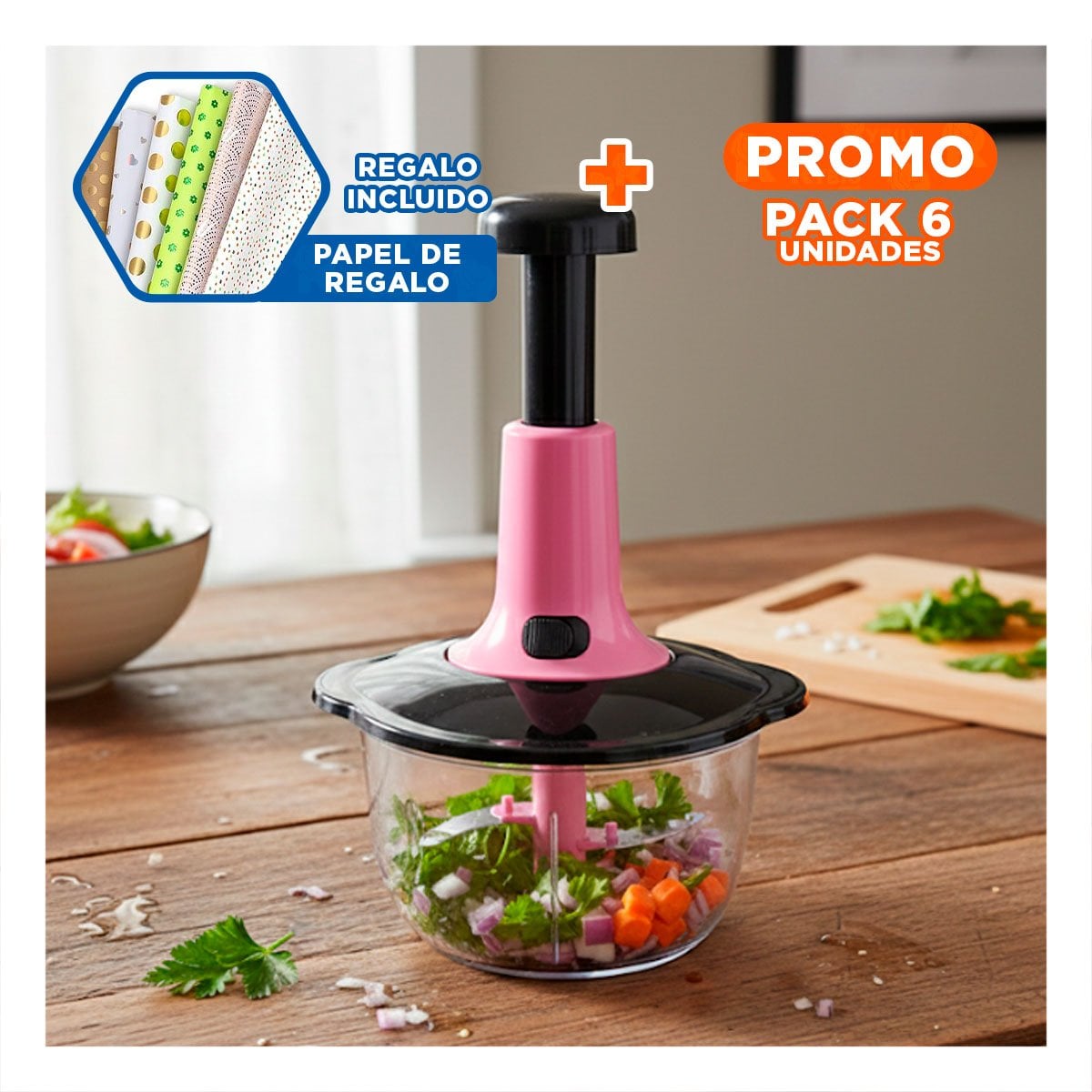 PACK6 PICADORA PARA COCINA MULTIFUNCIONAL 1 5L BLANCO Y PLOMO PARA ALIMENTOS Y+PAPEL REGALO - 1