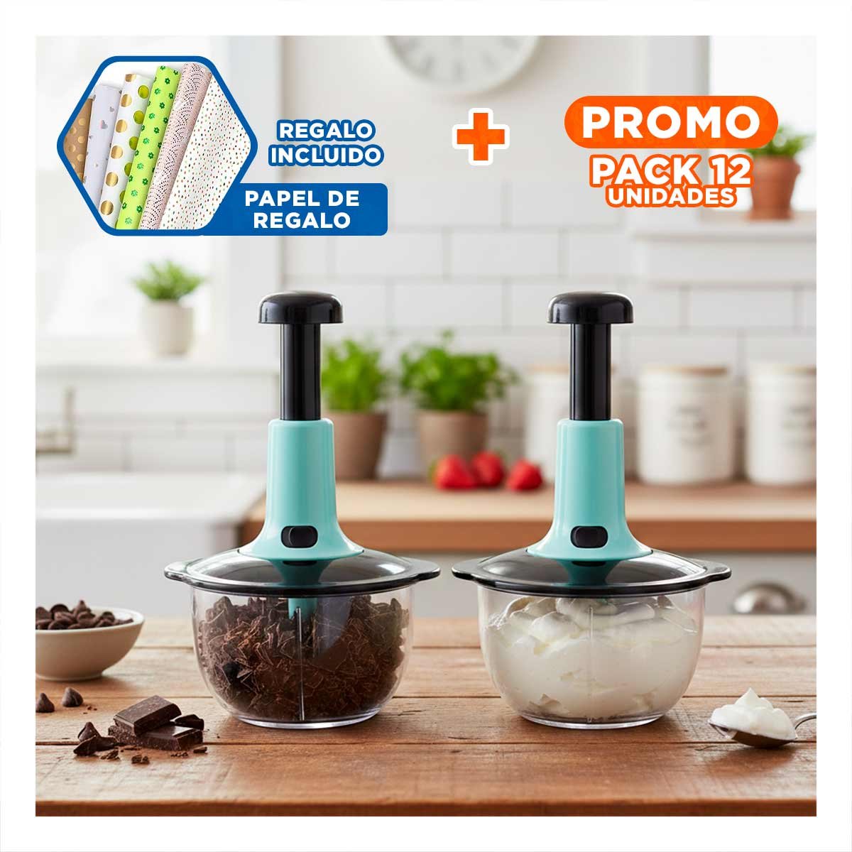 PACK12 PROCESADOR RAPIDO MULTIFUNCIONAL 1 5L BLANCO Y PLOMO PARA CORTAR VERDURAS Y+PAPEL REGALO - 1